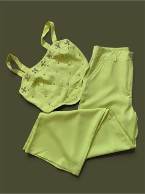B&C Lime Green Crystal Embellished 2 Piece Co-Ord Set Pants & Crop Top Size M